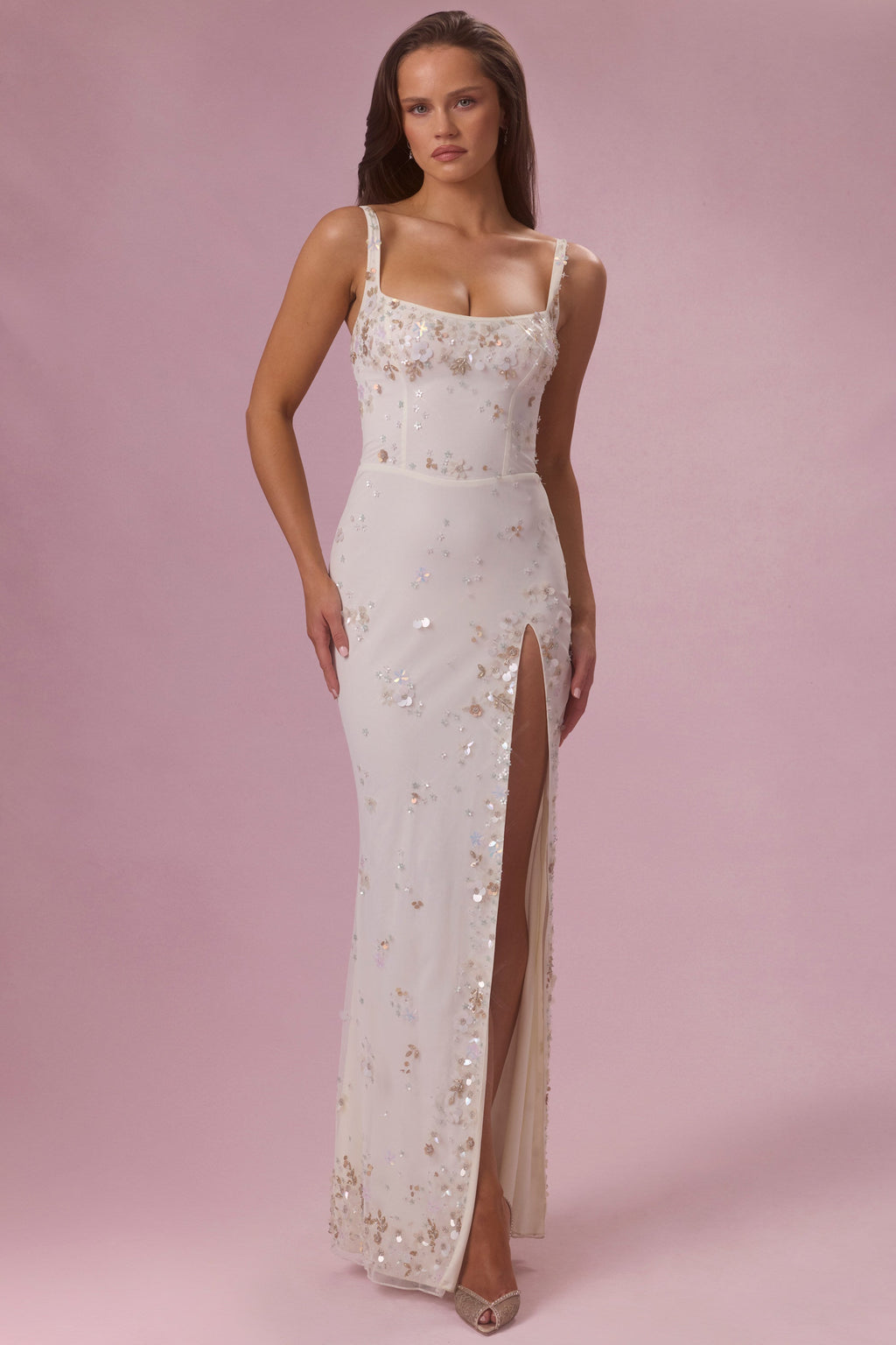 Chic Embellished Corset Maxi Dress in Pearl
