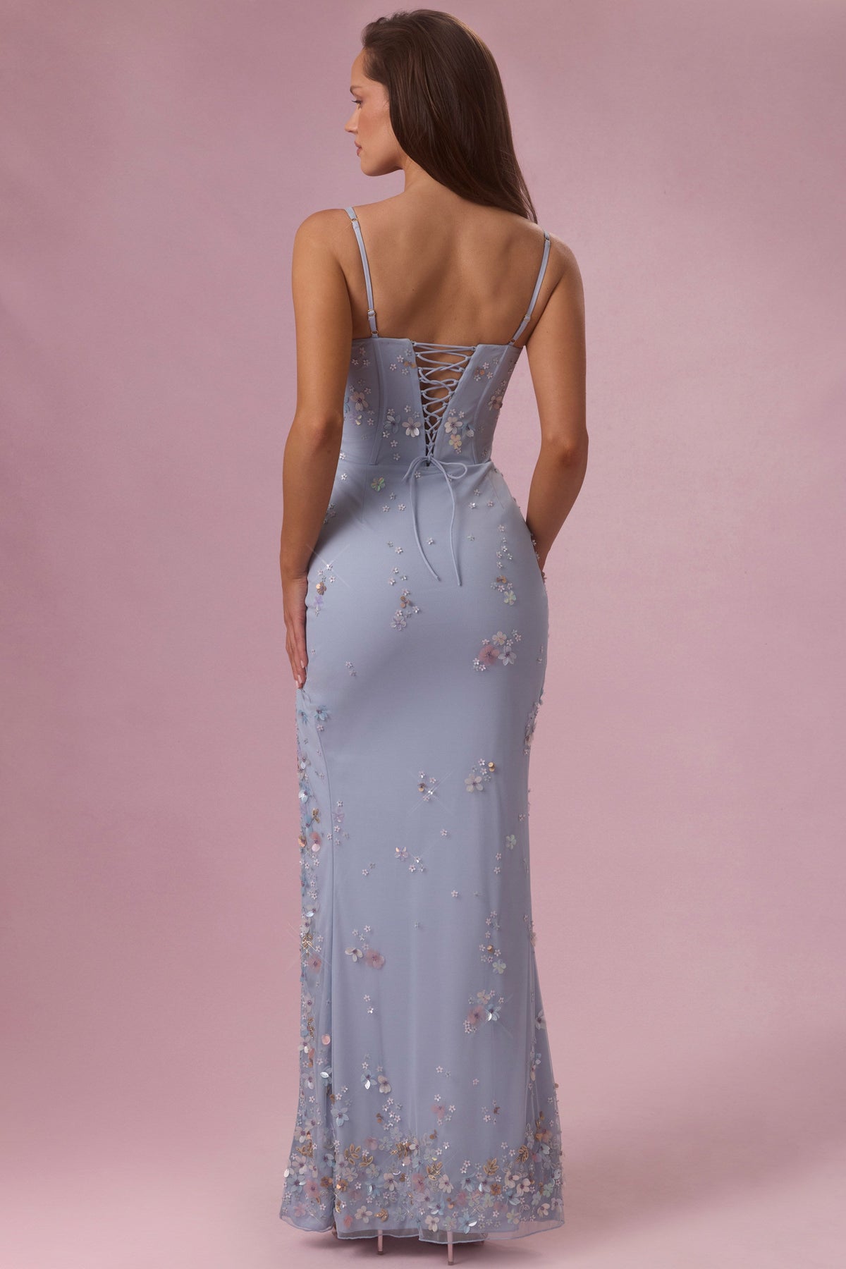 Chic Embellished Corset Maxi Dress in Sky Blue
