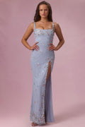Chic Embellished Corset Maxi Dress in Sky Blue