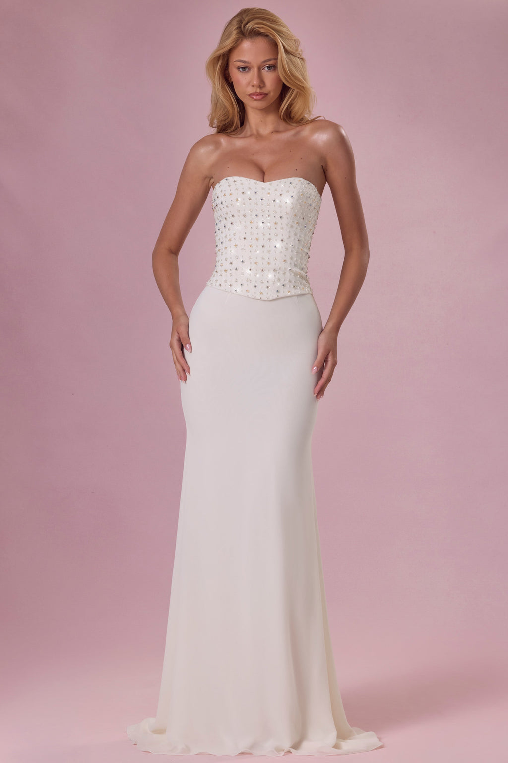 Chic Embellished Corset Strapless Gown in Pearl