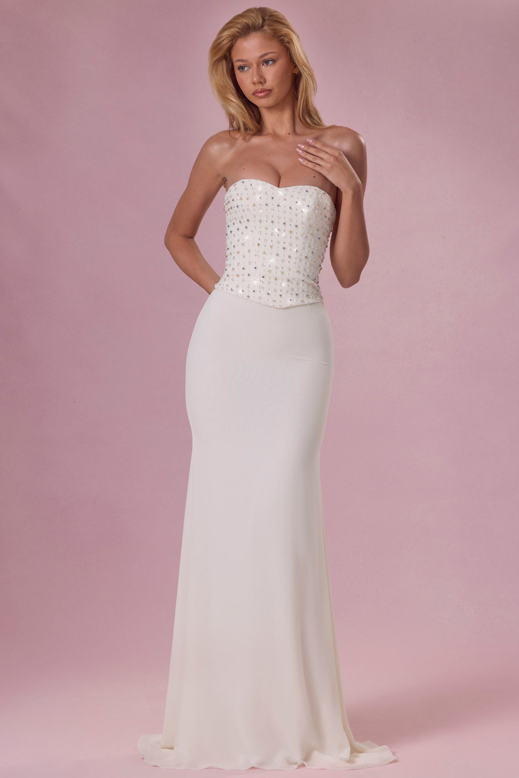 Chic Embellished Corset Strapless Gown in Pearl