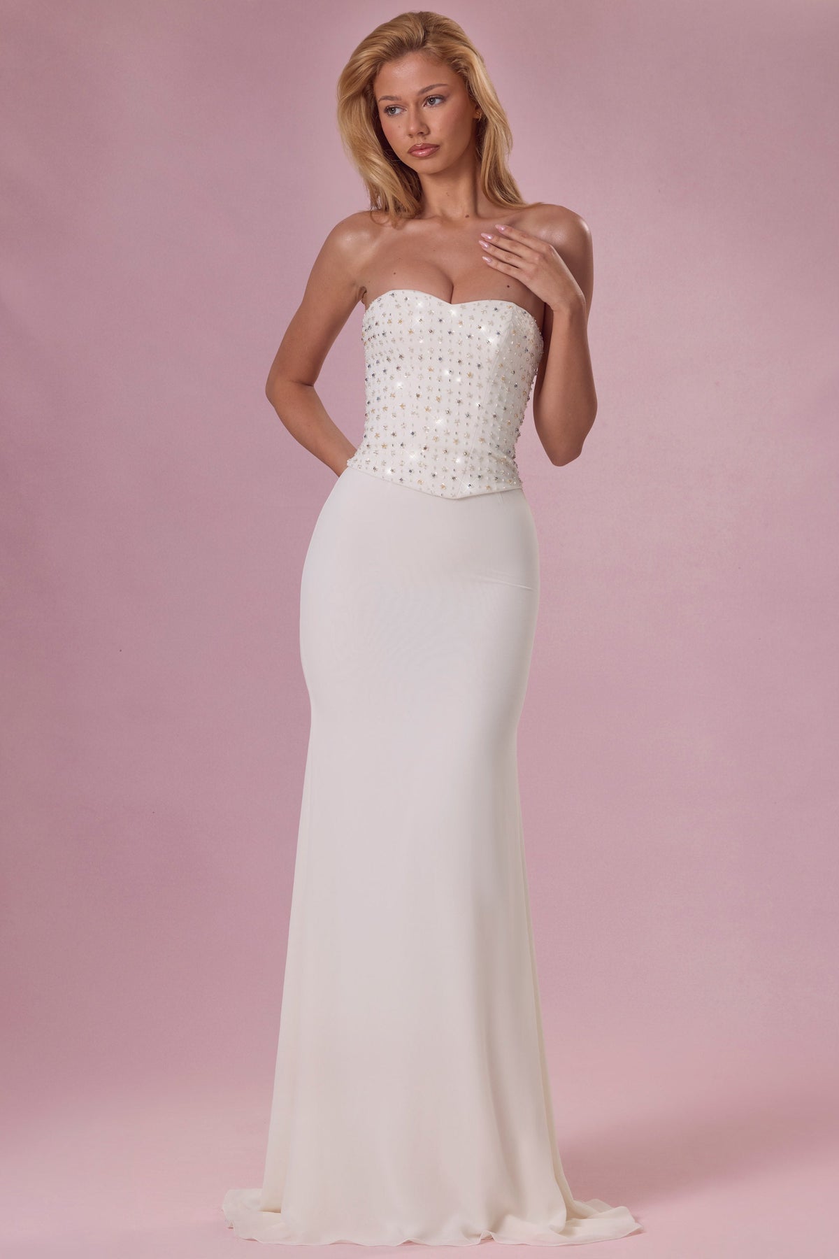 Chic Embellished Corset Strapless Gown in Pearl