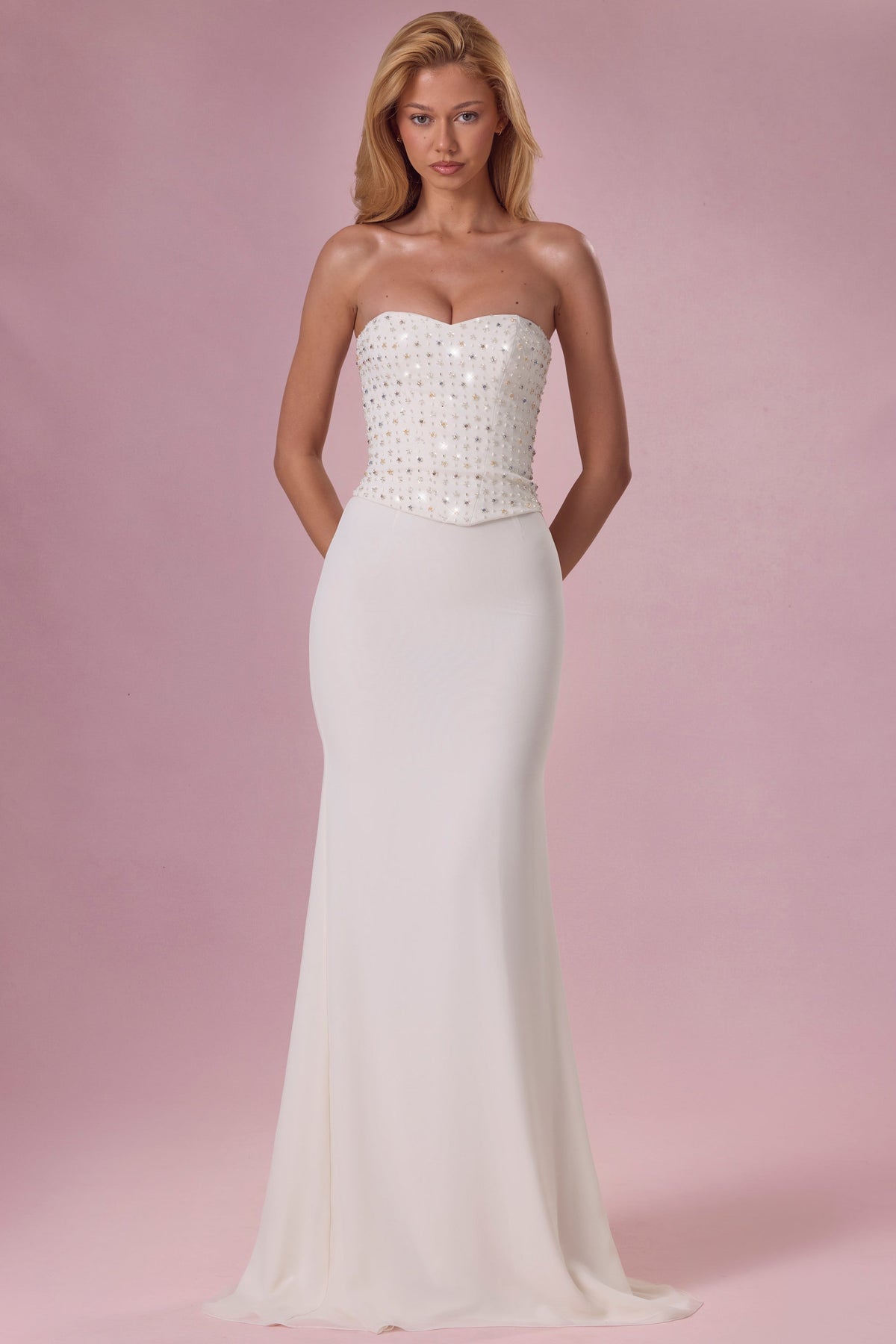 Chic Embellished Corset Strapless Gown in Pearl