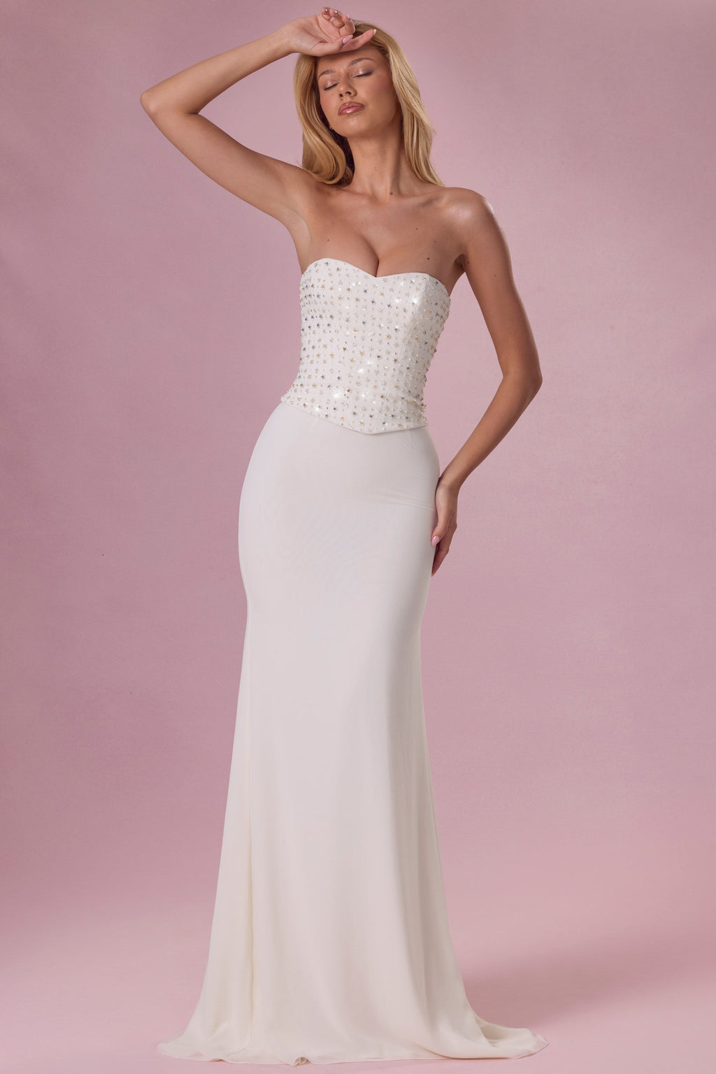 Chic Embellished Corset Strapless Gown in Pearl