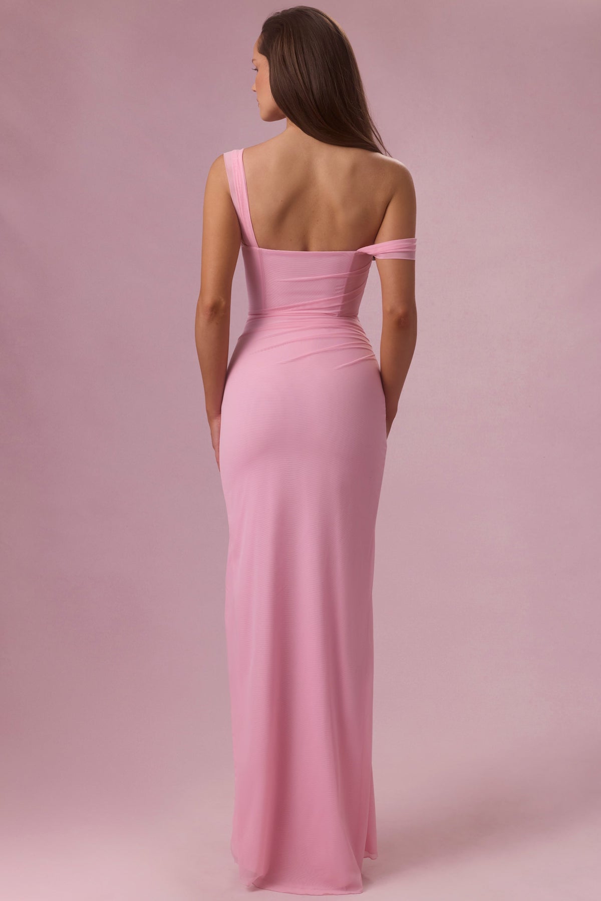 Chic Mesh Draped Corset Gown in Candyfloss Pink