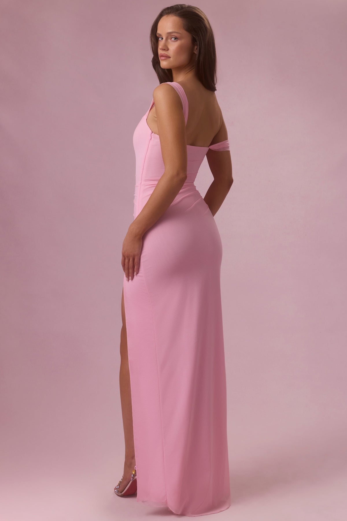 Chic Mesh Draped Corset Gown in Candyfloss Pink