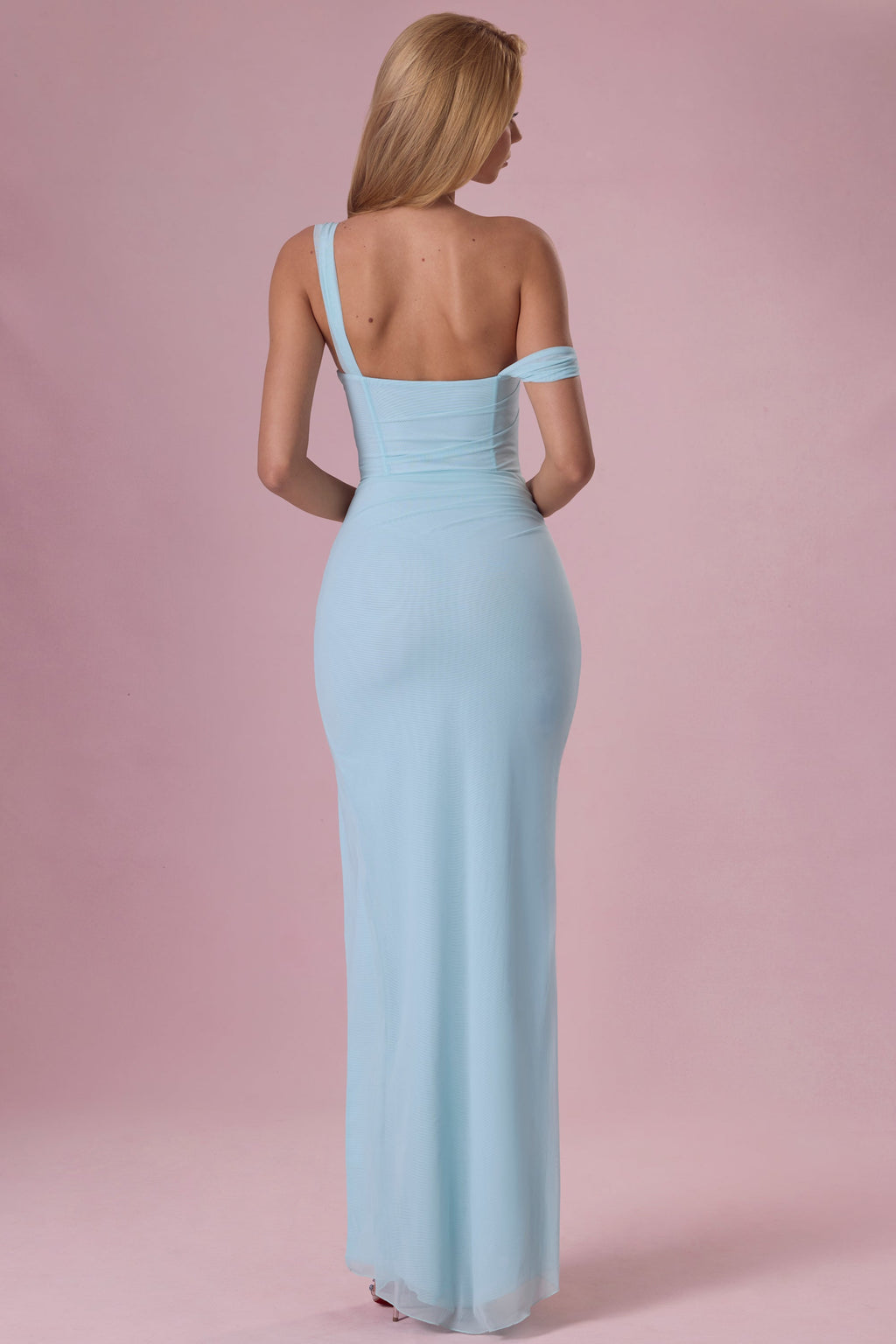 Chic Mesh Draped Corset Gown in Light Blue
