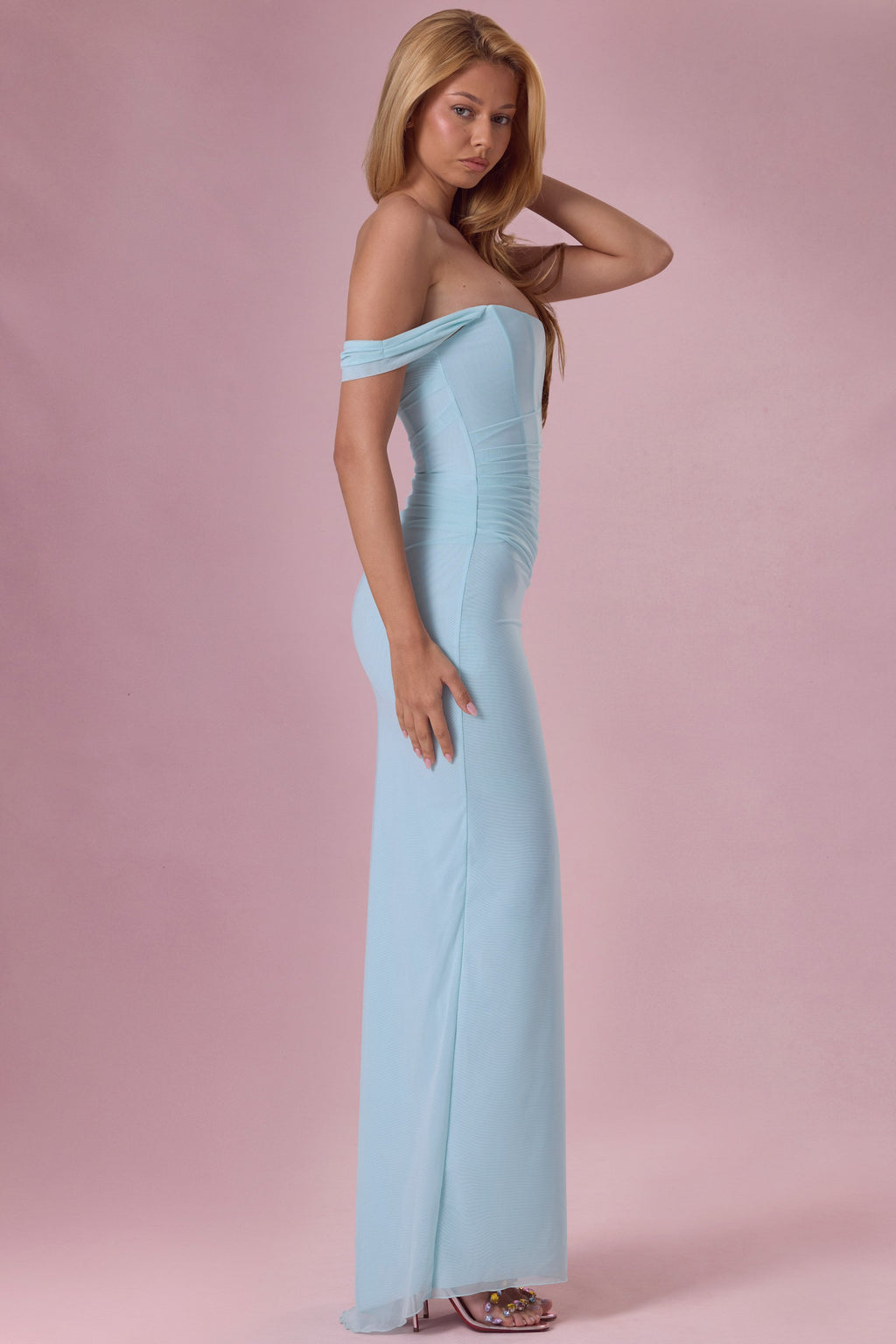 Chic Mesh Draped Corset Gown in Light Blue