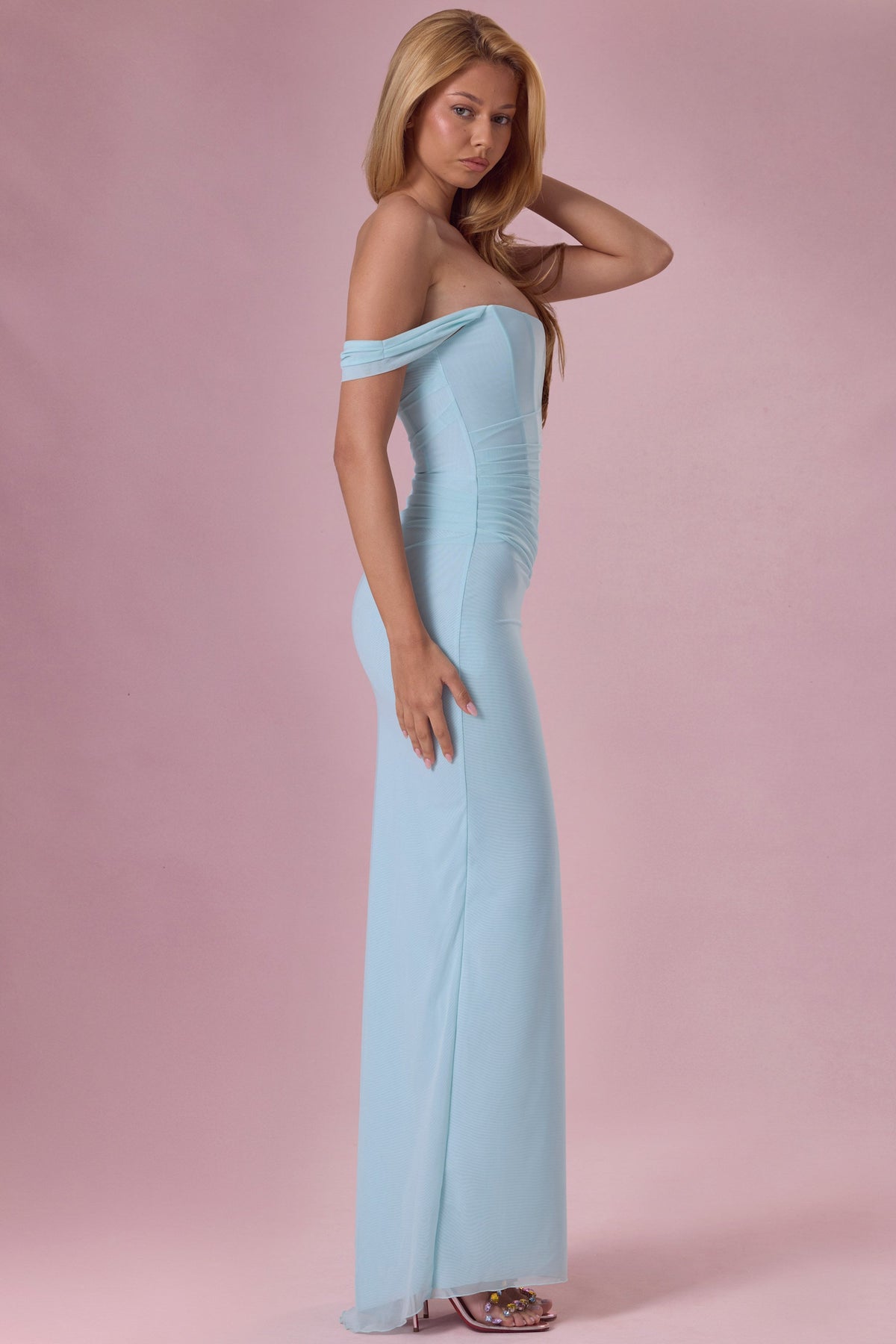 Chic Mesh Draped Corset Gown in Light Blue
