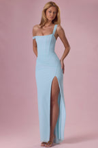 Chic Mesh Draped Corset Gown in Light Blue