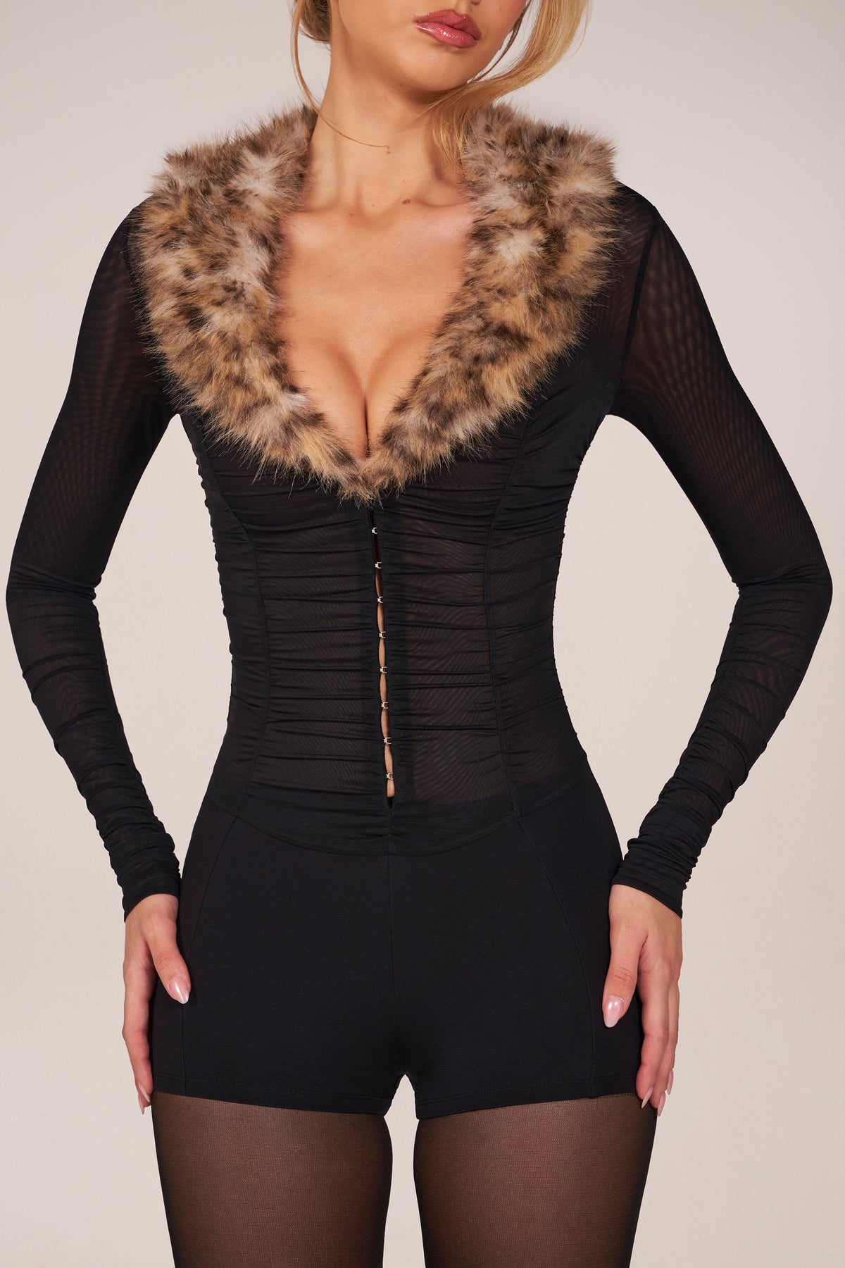 Chic Faux Fur-Trim Playsuit in Black