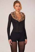 Chic Faux Fur-Trim Playsuit in Black