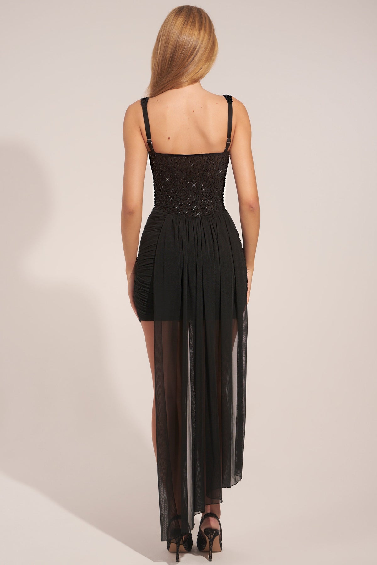 Chic Corseted Draped Mini Dress in Black
