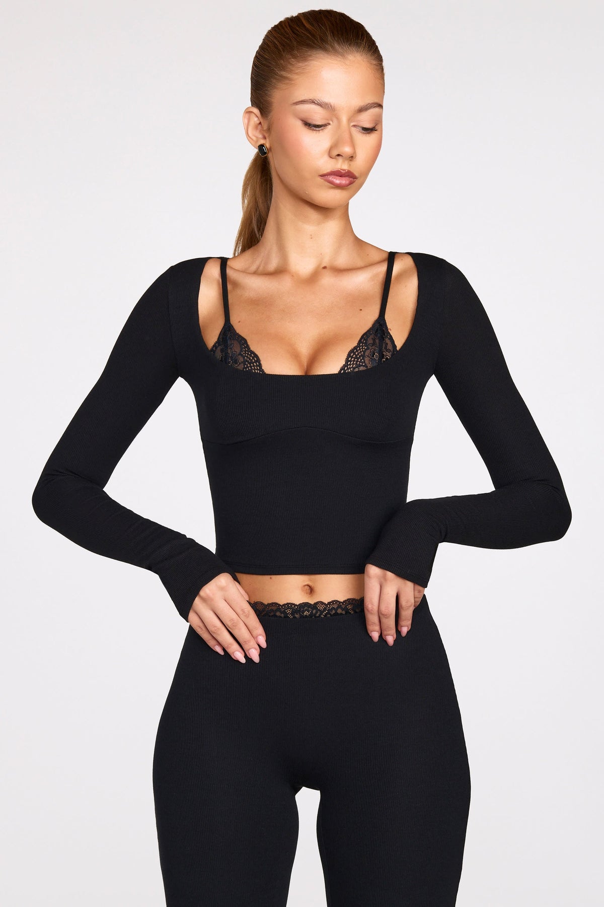 Chic Ribbed Modal Long-Sleeve Laced Bra Top in Black