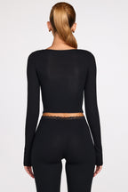 Chic Ribbed Modal Long-Sleeve Laced Bra Top in Black