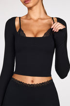 Chic Ribbed Modal Long-Sleeve Laced Bra Top in Black