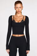 Chic Ribbed Modal Long-Sleeve Laced Bra Top in Black
