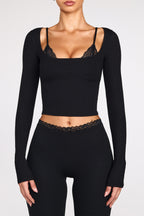 Chic Ribbed Modal Long-Sleeve Laced Bra Top in Black
