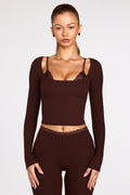 Chic Ribbed Modal Long-Sleeve Laced Bra Top in Chocolate Brown