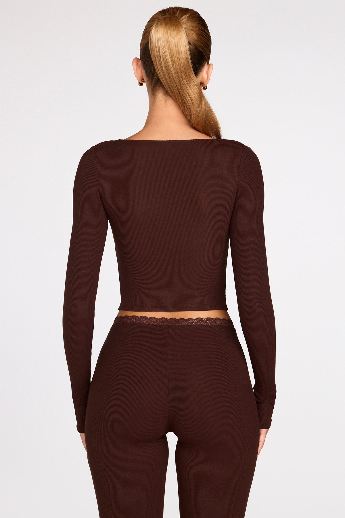 Chic Ribbed Modal Long-Sleeve Laced Bra Top in Chocolate Brown
