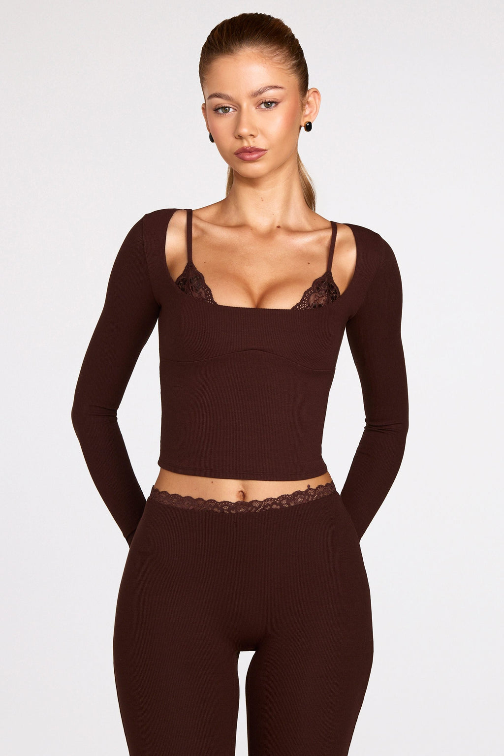 Chic Ribbed Modal Long-Sleeve Laced Bra Top in Chocolate Brown