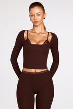 Chic Ribbed Modal Long-Sleeve Laced Bra Top in Chocolate Brown