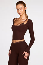Chic Ribbed Modal Long-Sleeve Laced Bra Top in Chocolate Brown