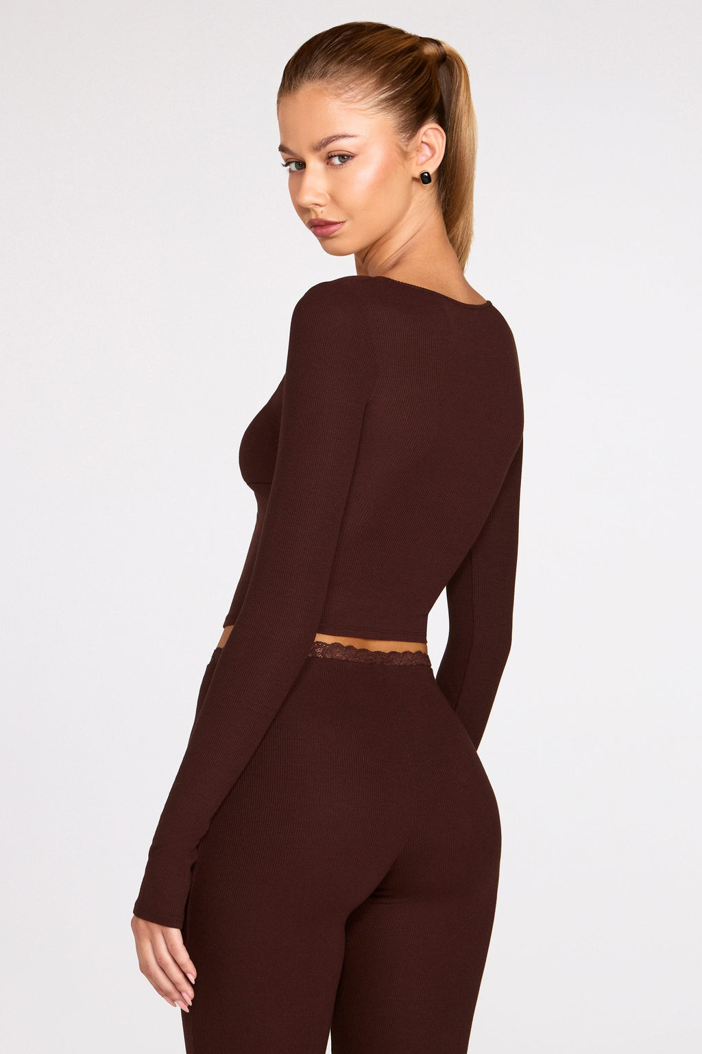 Chic Ribbed Modal Long-Sleeve Laced Bra Top in Chocolate Brown