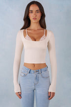 Chic Ribbed Modal Long-Sleeve Laced Bra Top in Ivory