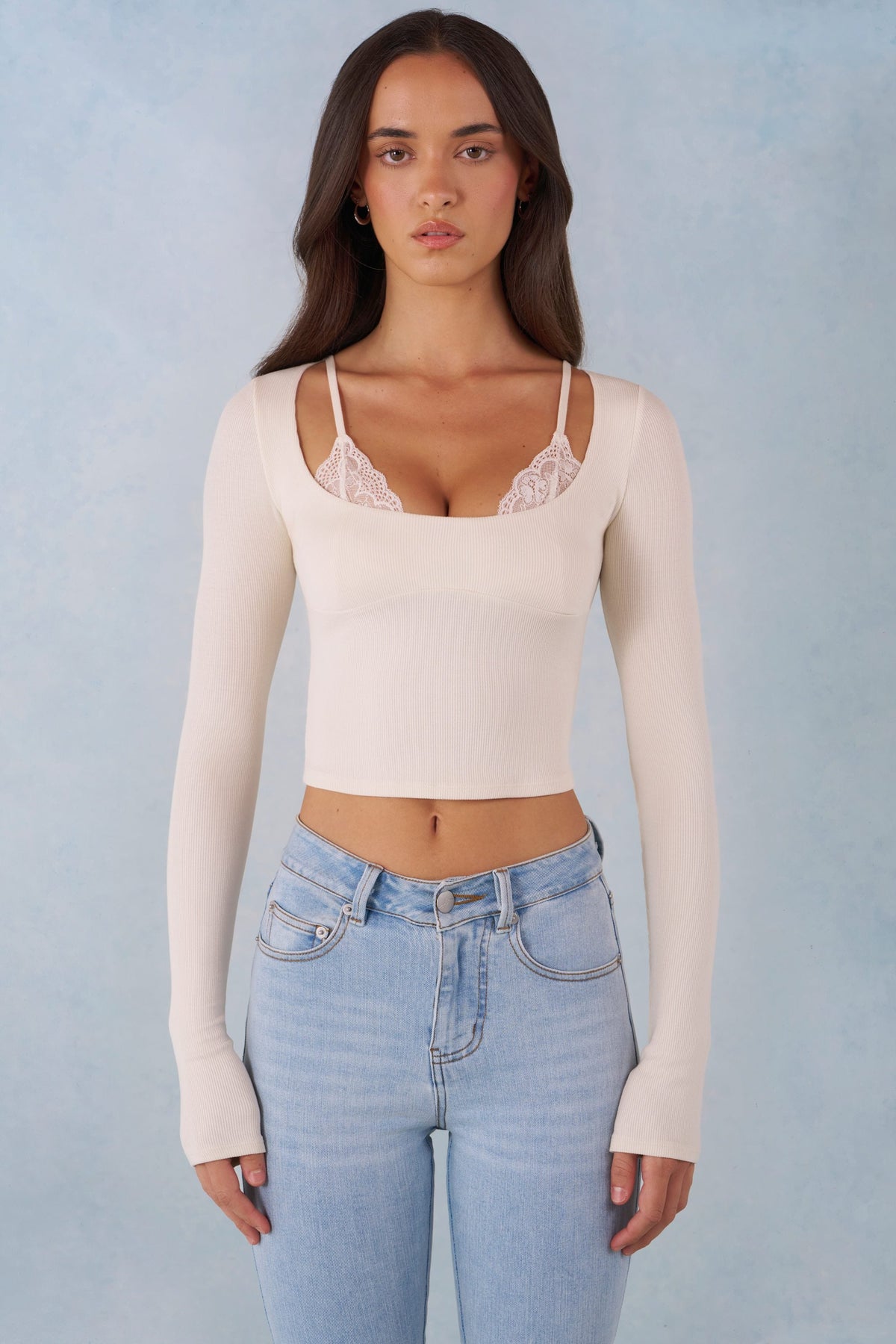Chic Ribbed Modal Long-Sleeve Laced Bra Top in Ivory