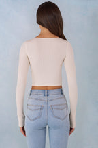 Chic Ribbed Modal Long-Sleeve Laced Bra Top in Ivory