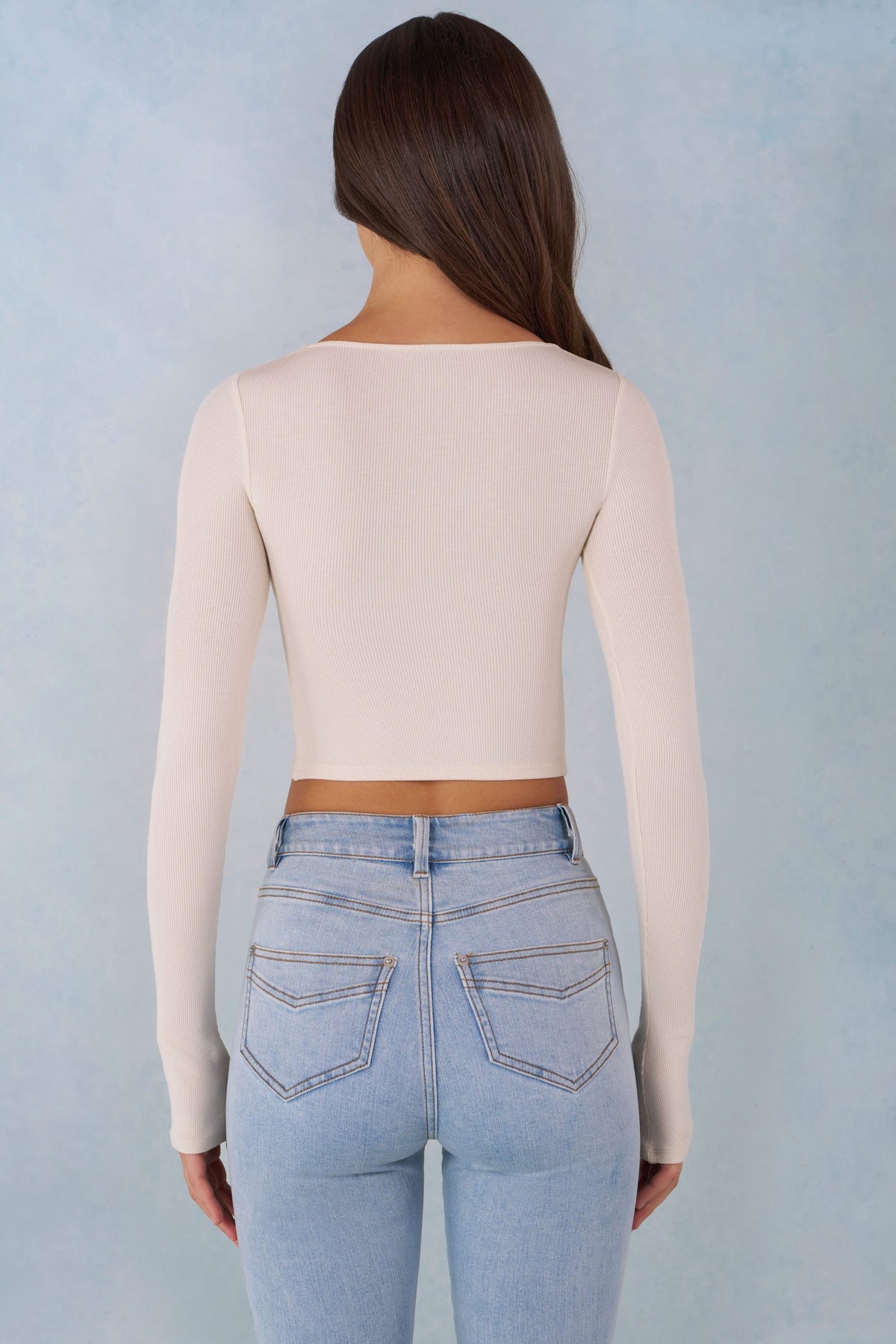 Chic Ribbed Modal Long-Sleeve Laced Bra Top in Ivory