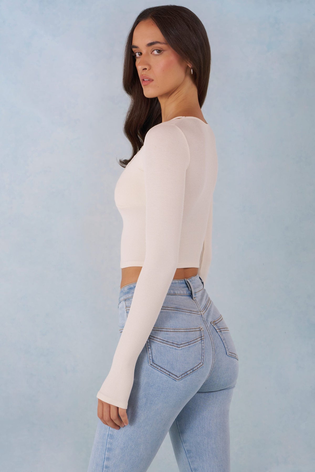 Chic Ribbed Modal Long-Sleeve Laced Bra Top in Ivory