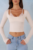 Chic Ribbed Modal Long-Sleeve Laced Bra Top in Ivory