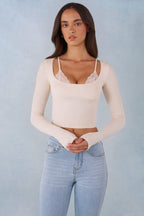 Chic Ribbed Modal Long-Sleeve Laced Bra Top in Ivory