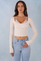 Chic Ribbed Modal Long-Sleeve Laced Bra Top in Ivory