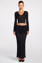 Chic Sheer Jersey Low-Rise Draped Maxi Skirt in Black