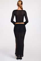 Chic Sheer Jersey Low-Rise Draped Maxi Skirt in Black
