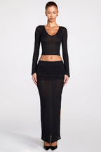 Chic Sheer Jersey Low-Rise Draped Maxi Skirt in Black