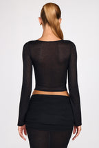 Chic Sheer Jersey Plunge Long-Sleeve Top in Black