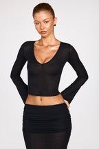 Chic Sheer Jersey Plunge Long-Sleeve Top in Black