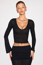 Chic Sheer Jersey Plunge Long-Sleeve Top in Black