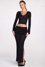 Chic Sheer Jersey Plunge Long-Sleeve Top in Black