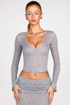 Chic Sheer Jersey Plunge Long-Sleeve Top in Grey