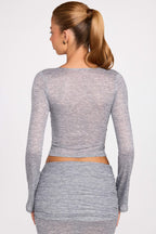 Chic Sheer Jersey Plunge Long-Sleeve Top in Grey