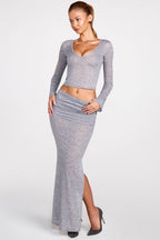 Chic Sheer Jersey Plunge Long-Sleeve Top in Grey
