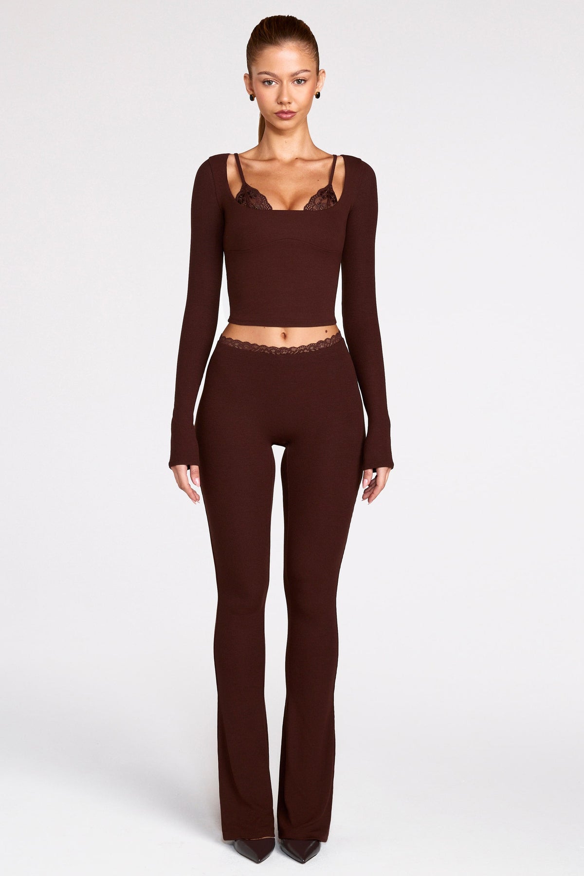 Chic Modal Mid-Rise Flared Trousers in Chocolate Brown