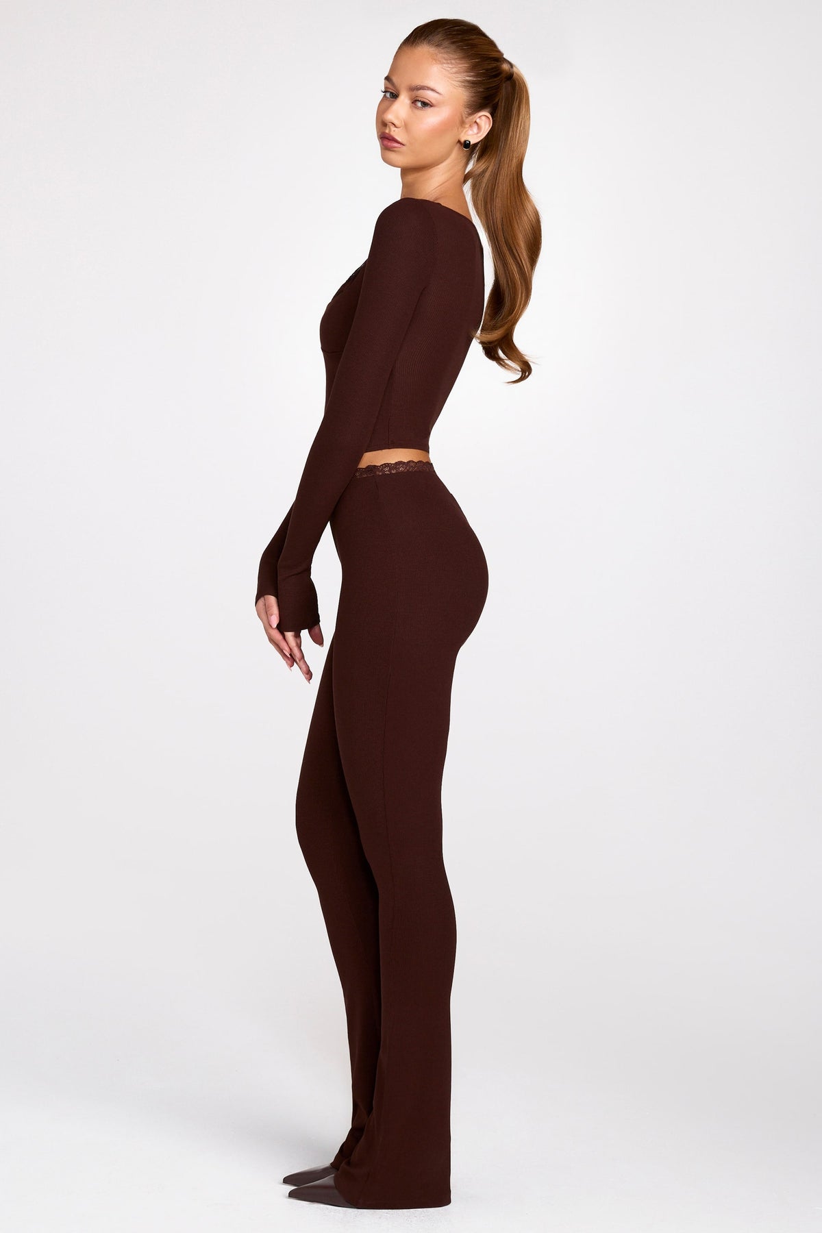 Chic Modal Mid-Rise Flared Trousers in Chocolate Brown