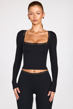 Chic Ribbed Modal Square-Neck Long-Sleeve Top in Black