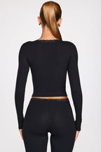 Chic Ribbed Modal Square-Neck Long-Sleeve Top in Black